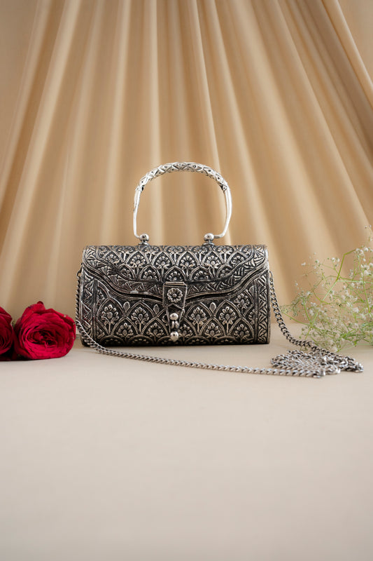 Intricate Carving Silver Purse / Clutch With Handle & String - Pitaltamba