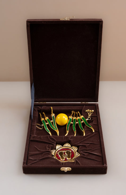 Lemon & Chilli Gold Door Hanging with Laxmi Ji Charan Paduka - Pitaltamba