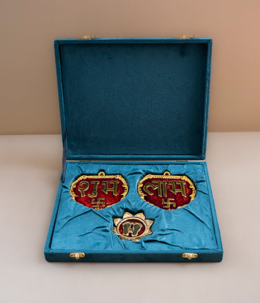 Shubh Labh Gold Door Hanging With Laxmi Ji Charan Paduka Set - Pitaltamba