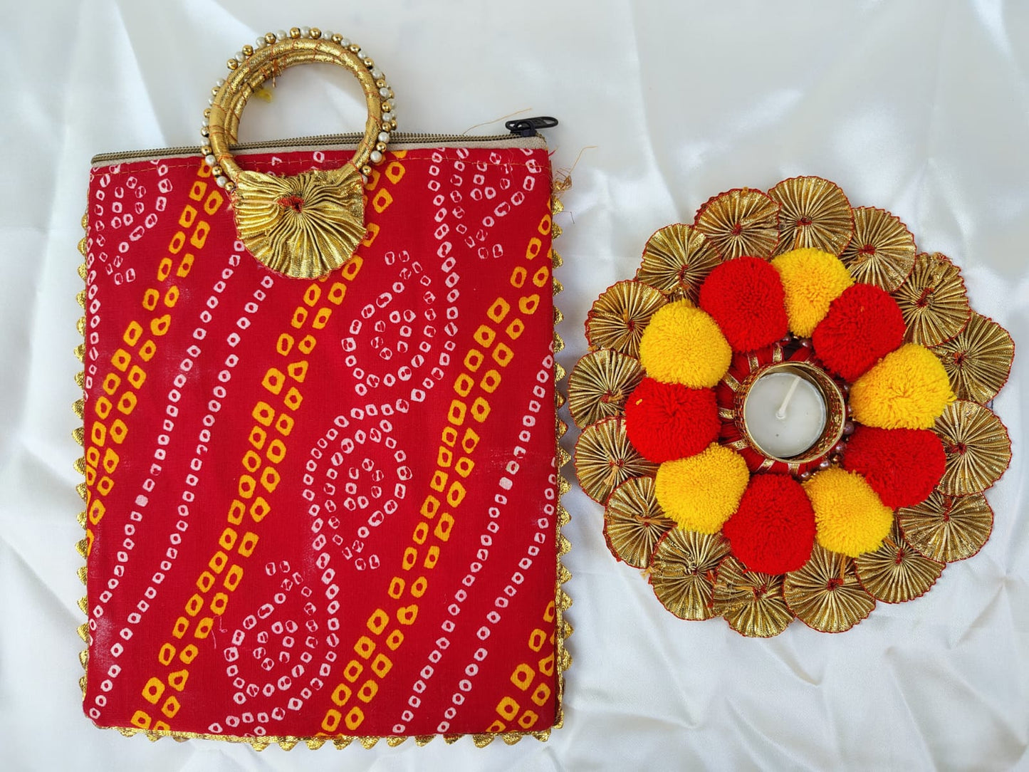 Big Diya Mat With Bandhej Clutch Bag - Pitaltamba