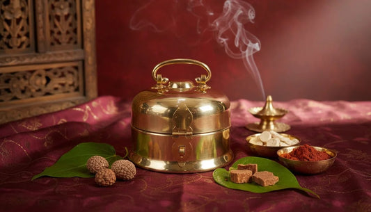 Gold pot with smoke on a red fabric background