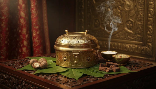 Decorative setting with a gold incense burner, candles, and leaves on a wooden surface.