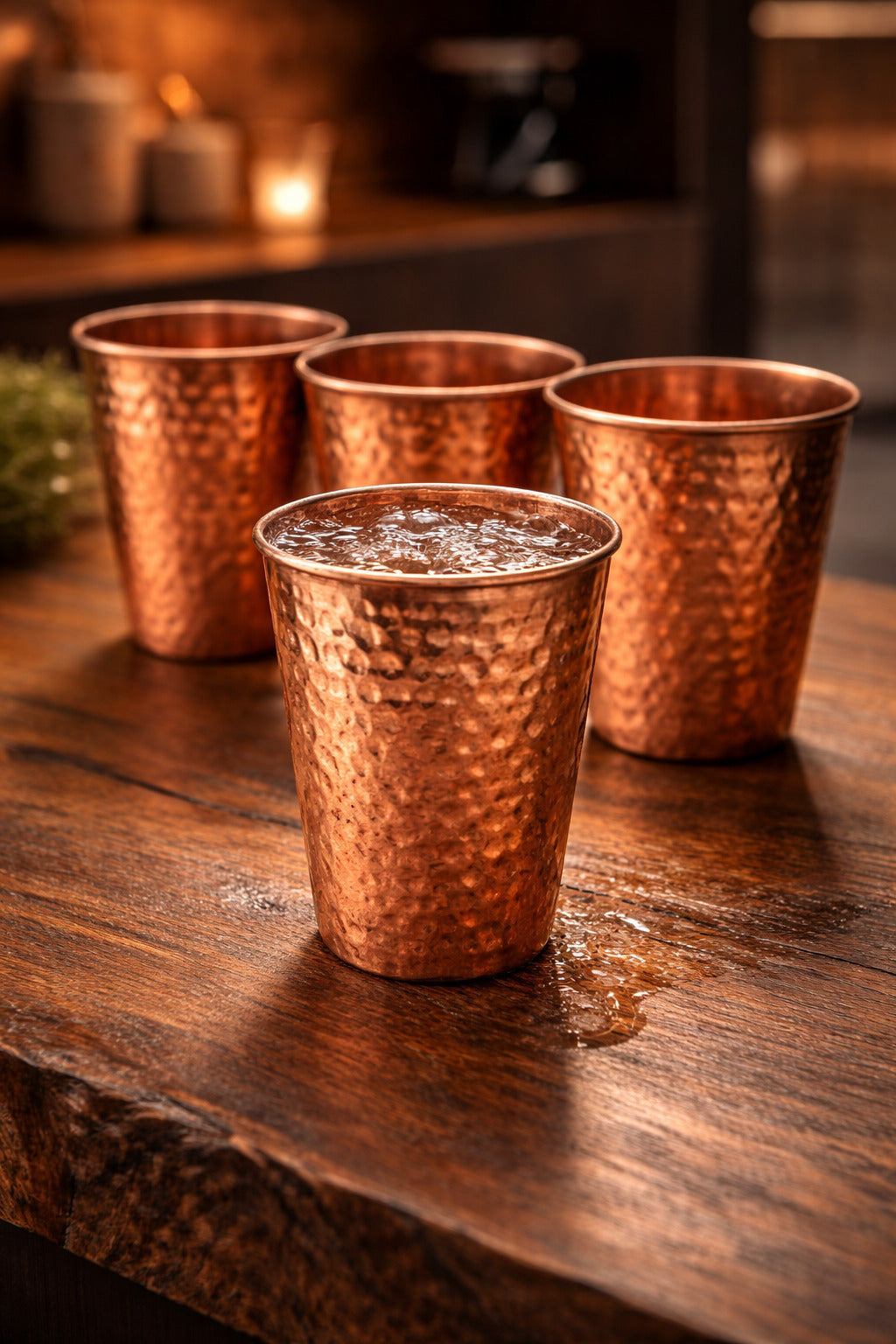Three copper cups on a wooden surface with a blurred background