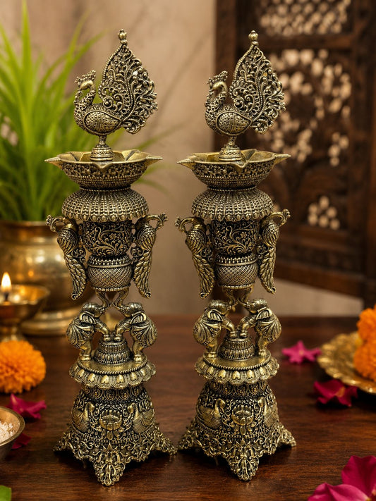 Elephant & Peacock Samai Diya - Intricately Carved