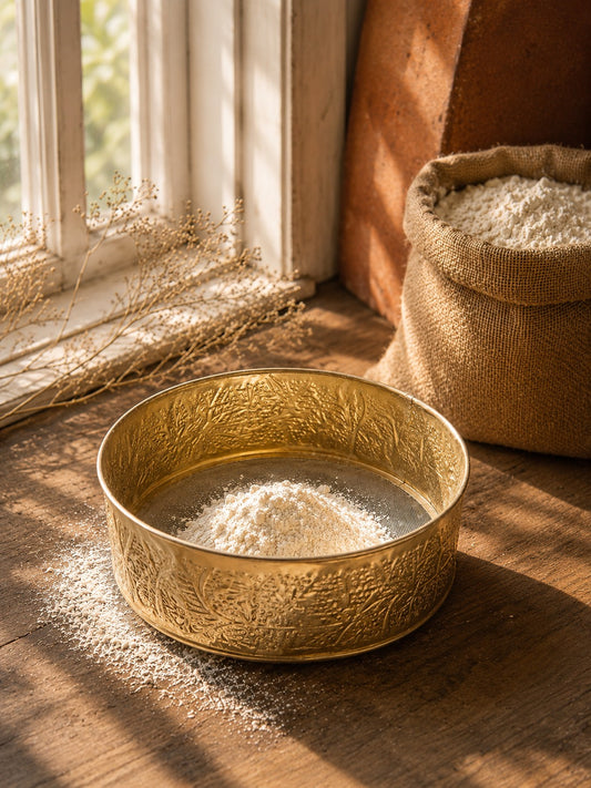 A hammered gold metal sieve bowl filled with flour sits on a rustic wooden table in warm sunlight, with a burlap sack of flour and dried flowers in the background.