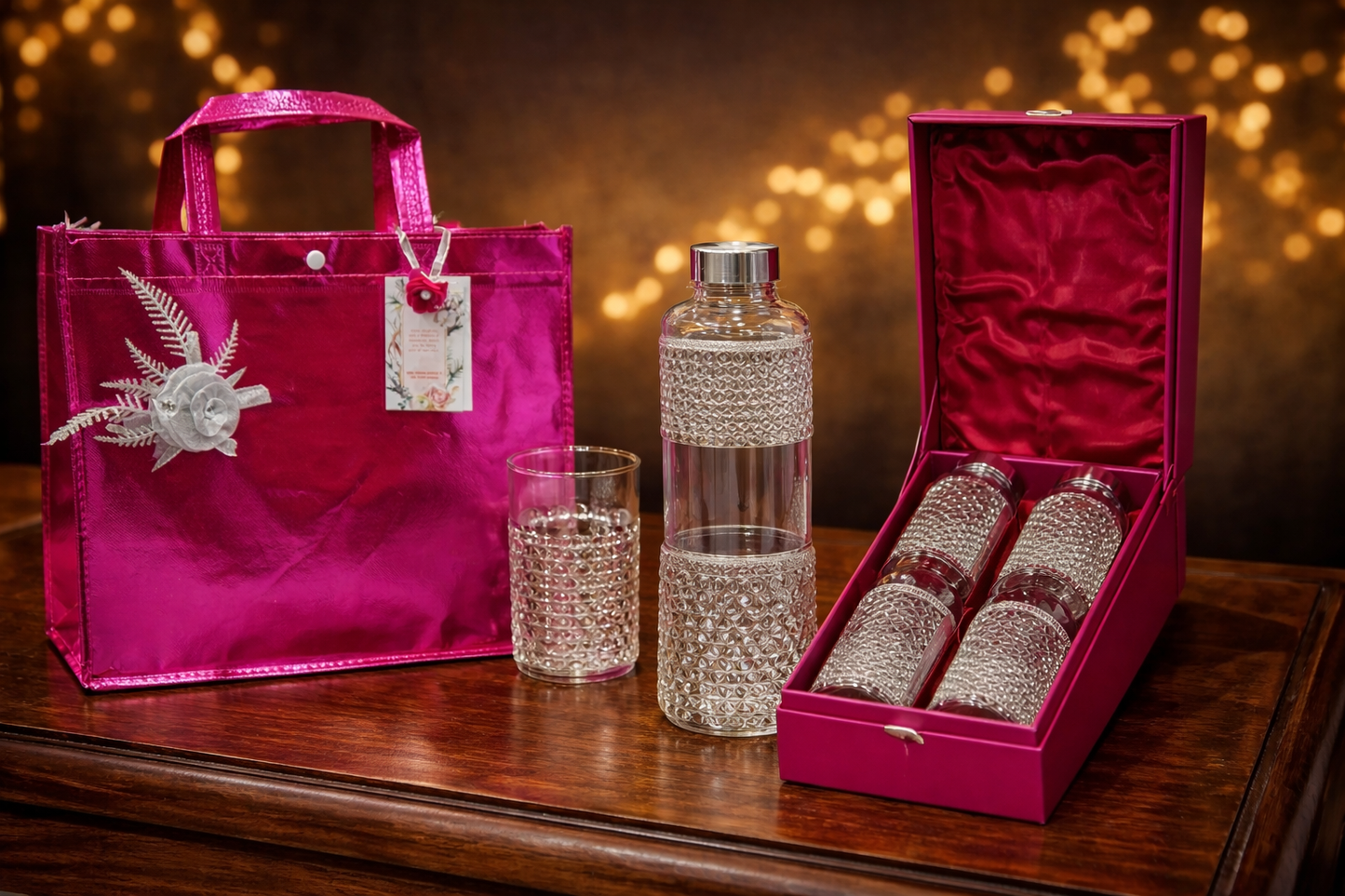 Borosil Bottle Set with 2 Glasses – Elegant Silver Work