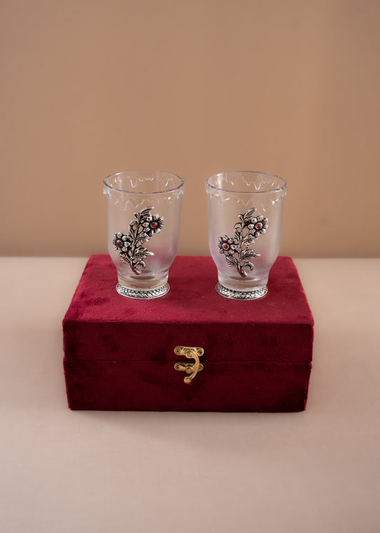 Pair Of Silver Antique Work Cooldrink Glasses With Bottom Carving