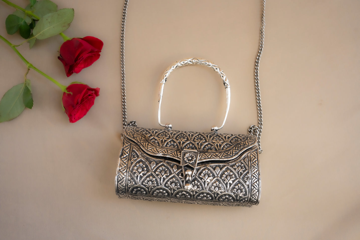 Intricate Carving Silver Purse / Clutch With Handle & String - Pitaltamba