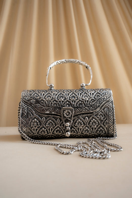Intricate Carving Silver Purse / Clutch With Handle & String - Pitaltamba