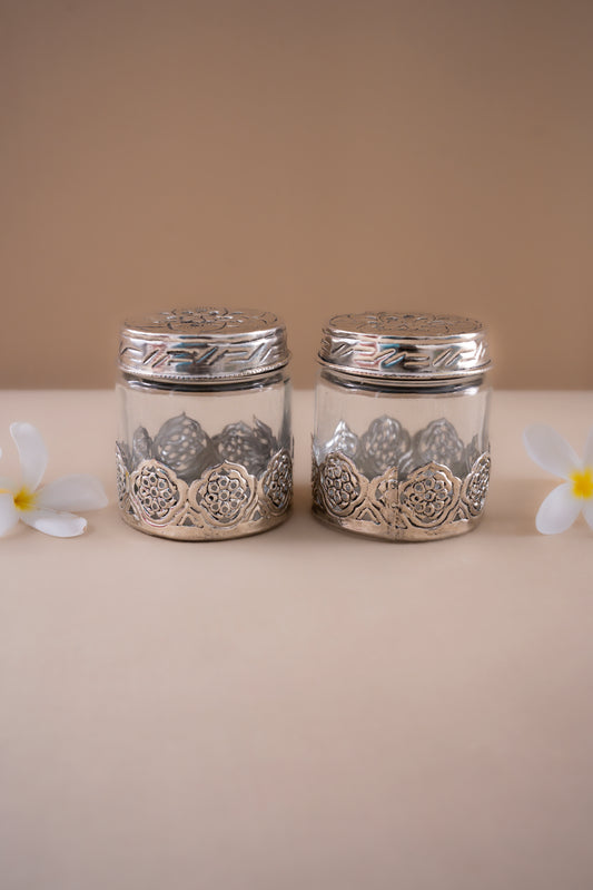 Silver border glass set of two jars
