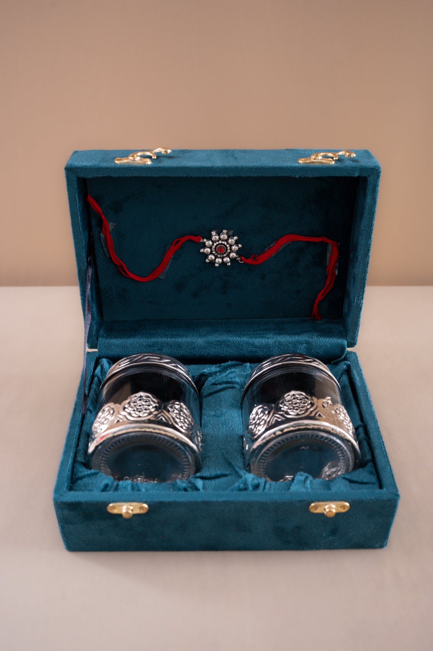 Silver border glass set of two jars