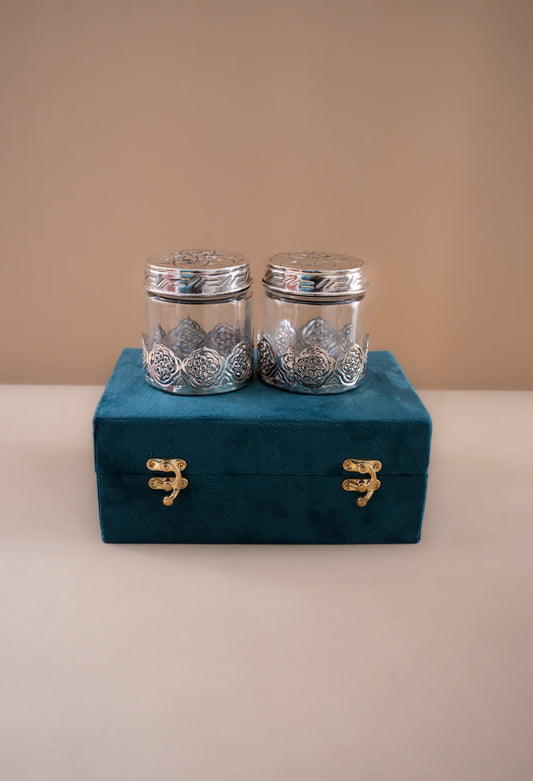 Silver border glass set of two jars