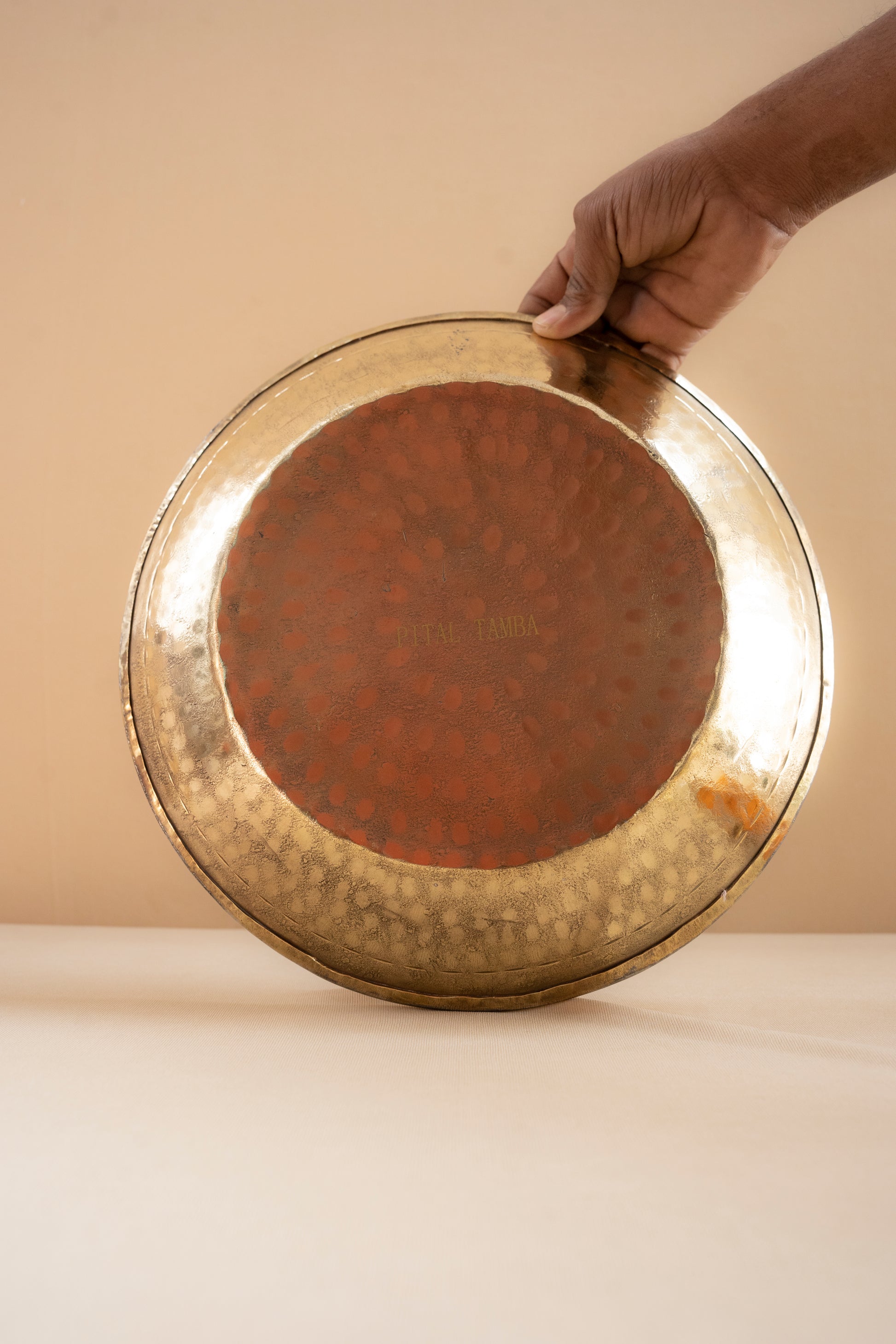 Hand holding a large brass plate against a plain background