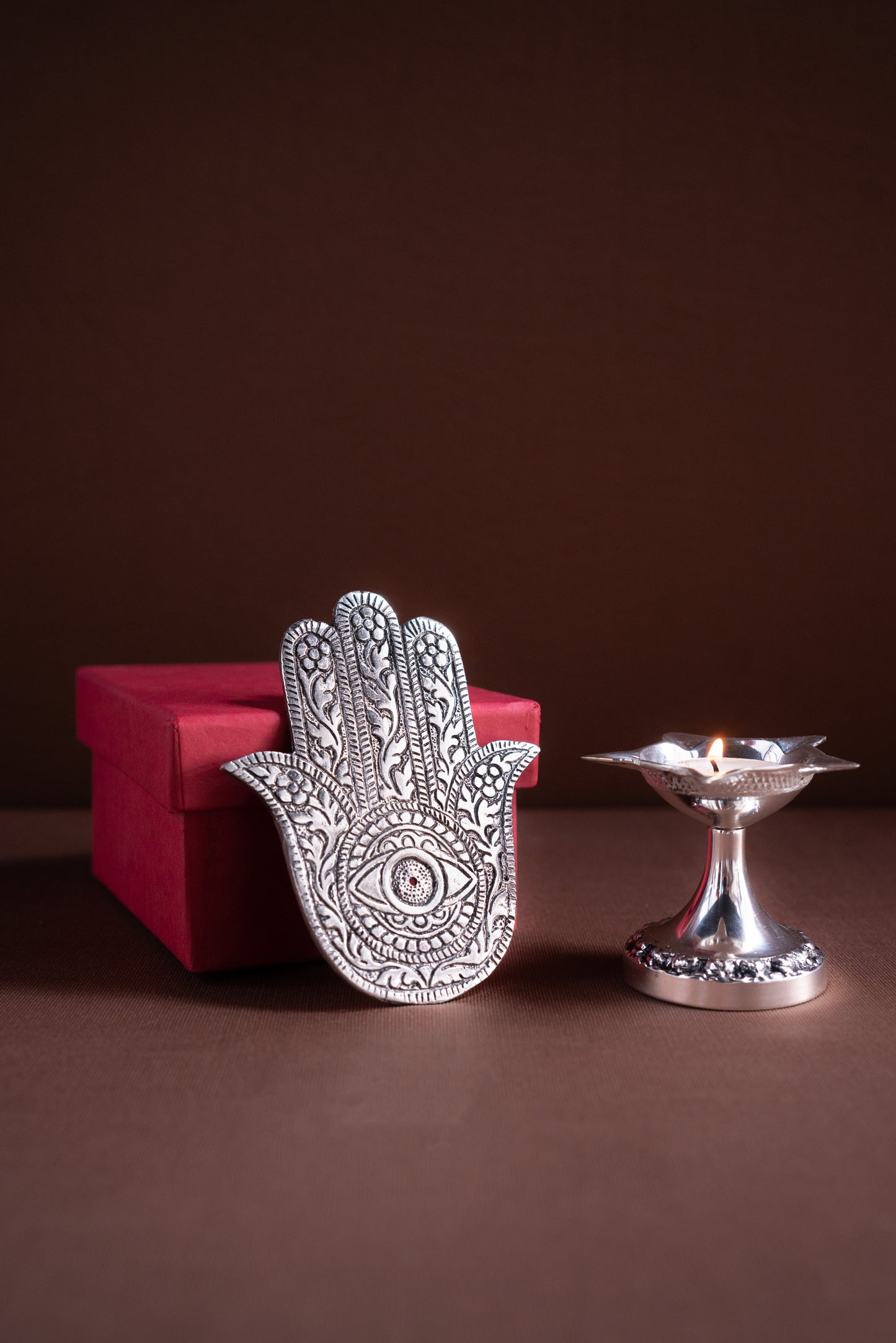 Five Wick Carved Deepak With Incense Holder Combo