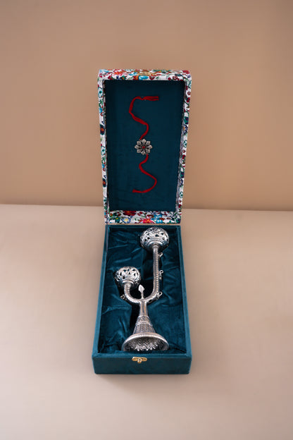 Silver plated candle holder with decorative bells