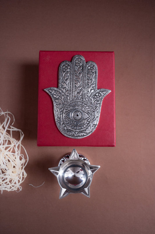 Five Wick Carved Deepak With Incense Holder Combo