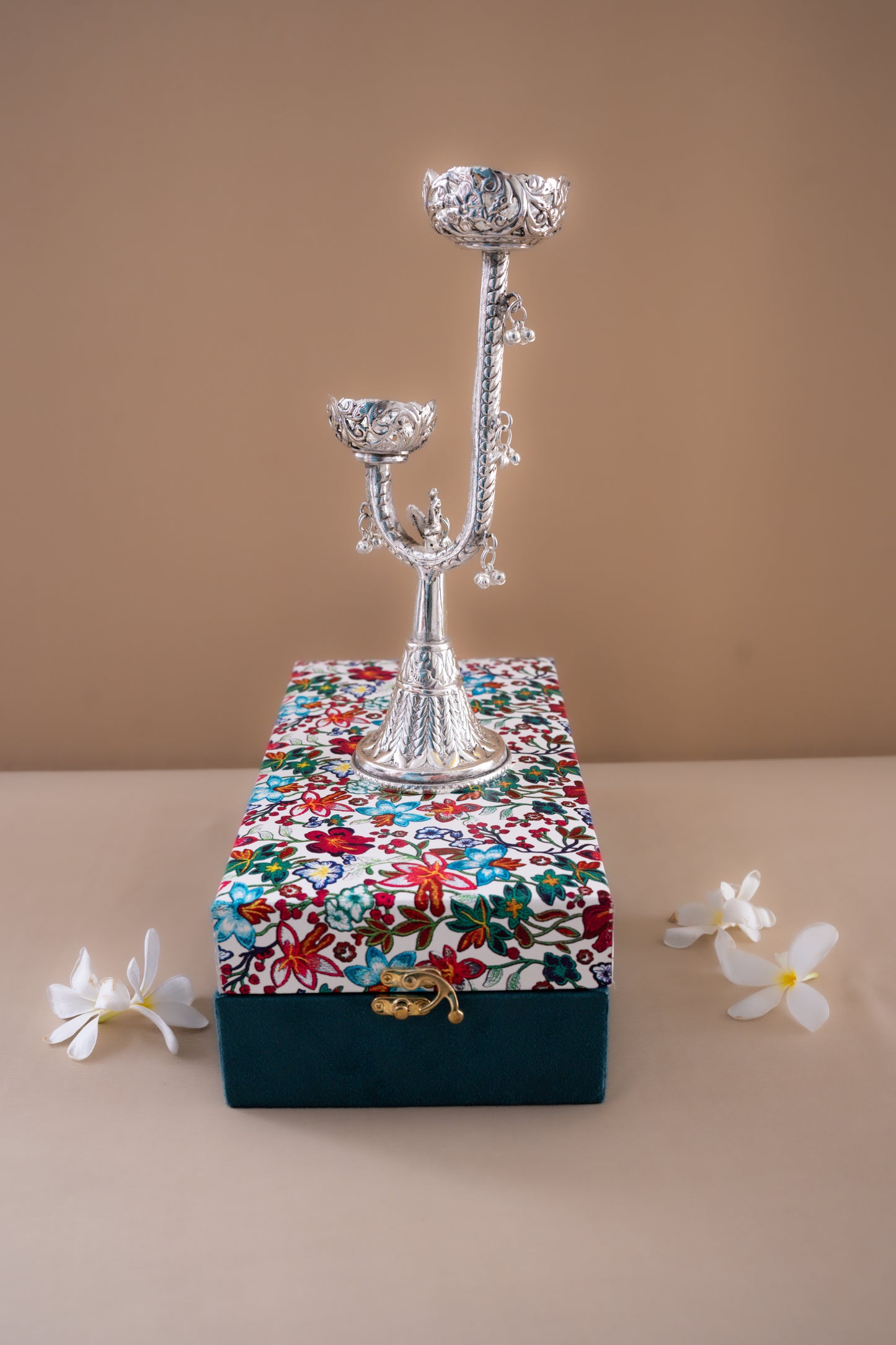 Silver plated candle holder with decorative bells