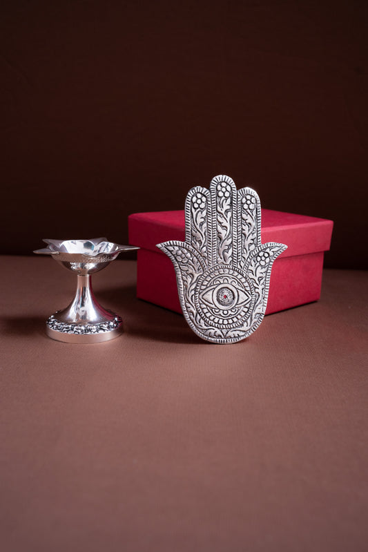 Five Wick Carved Deepak With Incense Holder Combo