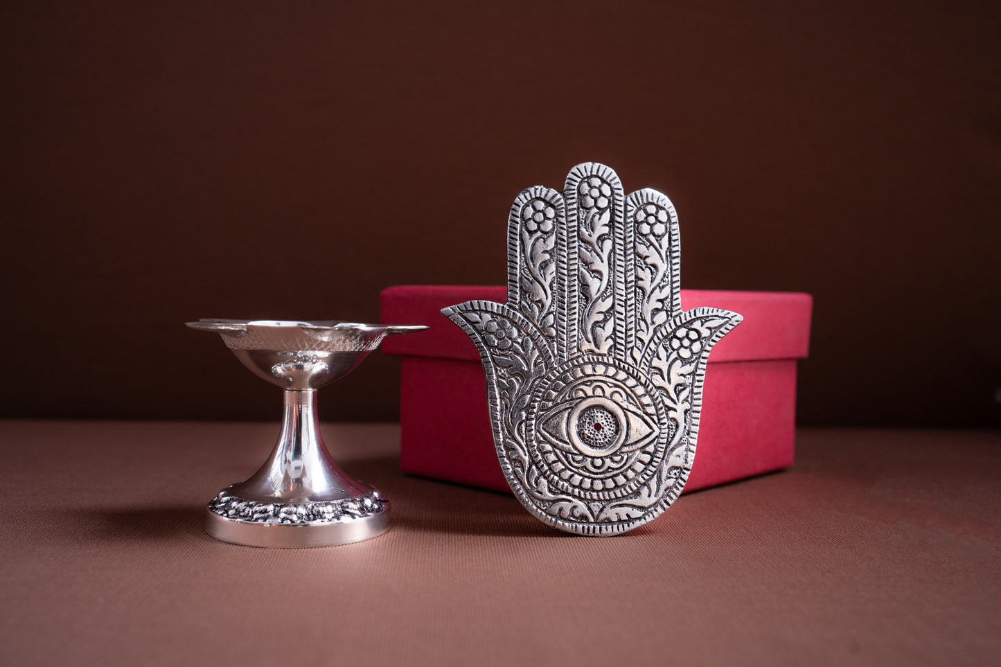 Five Wick Carved Deepak With Incense Holder Combo