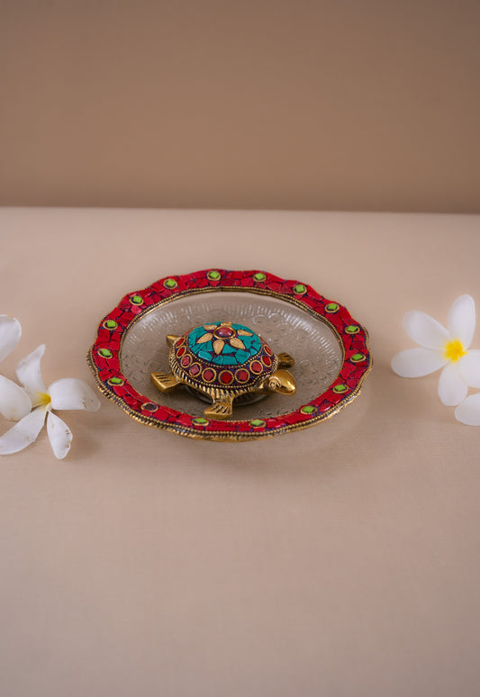Feng shui stone work tortoise with carved plate