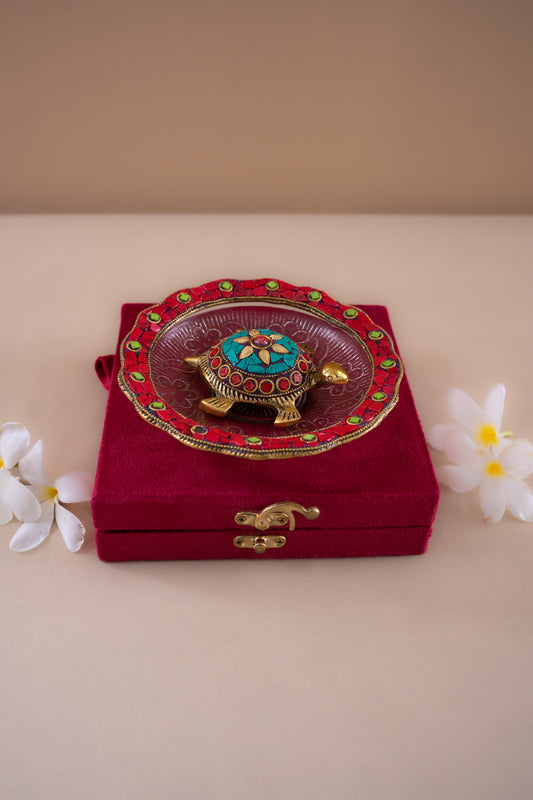 Feng shui stone work tortoise with carved plate