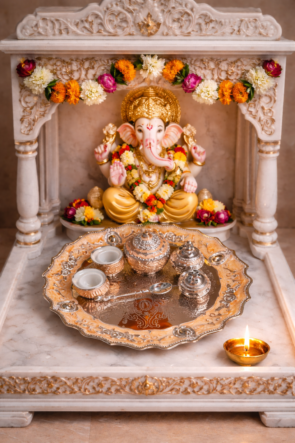 Decorative altar with a statue of a deity, flowers, and offerings on a marble platform.
