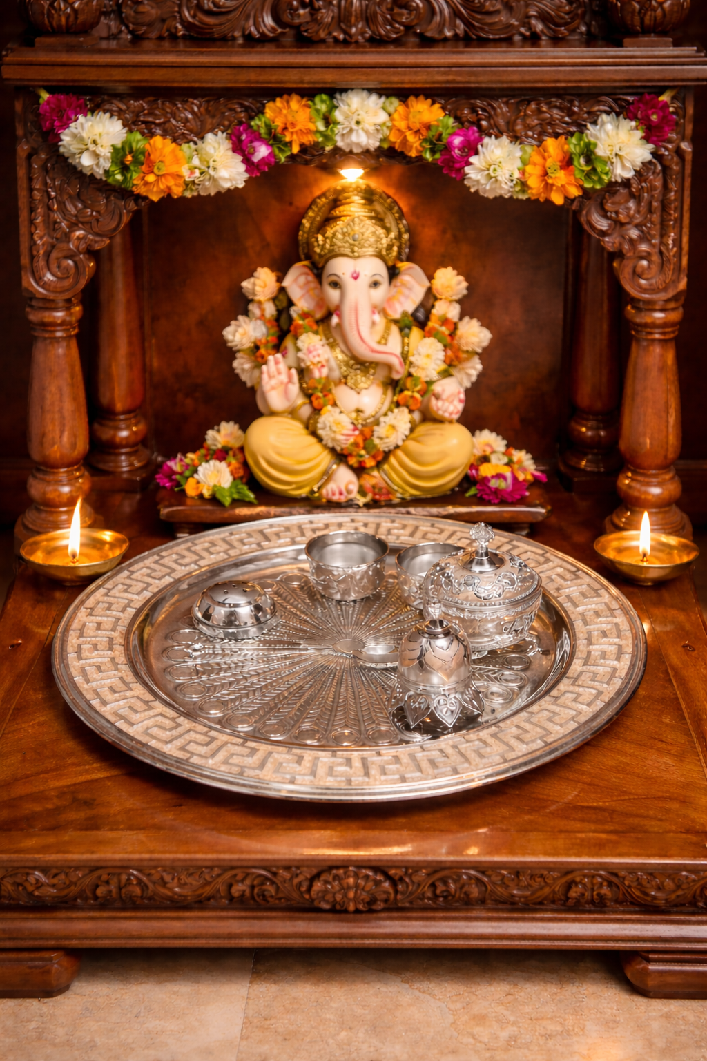 Decorative setup with a statue of Ganesha on an ornate wooden platform with flowers and candles.