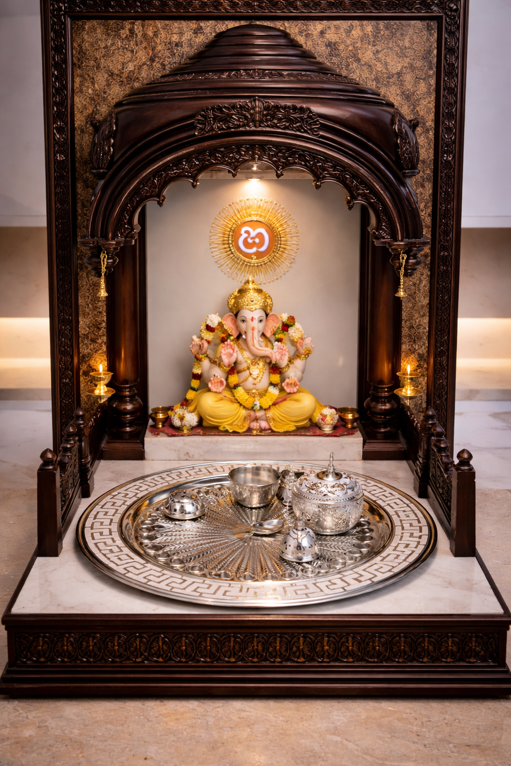 Decorative Ganesh idol in a ornate wooden frame with a marble base.
