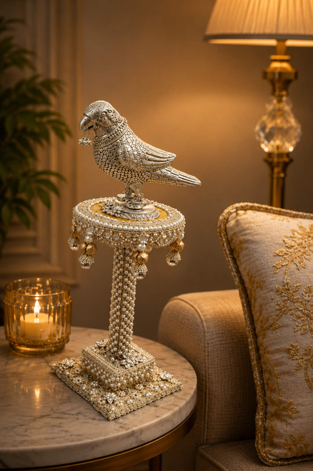 Decorative bird sculpture on a pedestal with a candle and lamp in the background