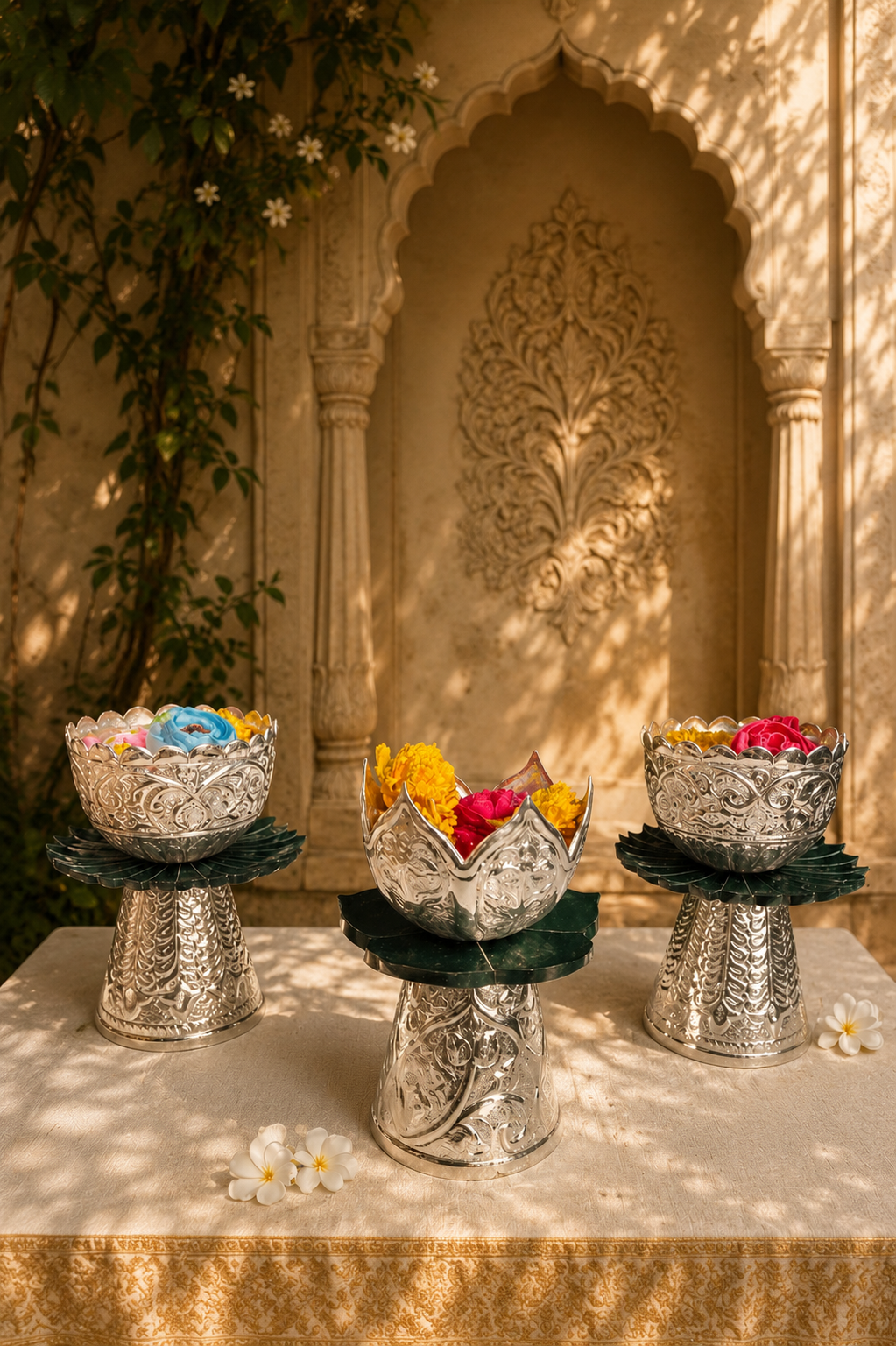 Three silver bowls with colorful flowers on stands against a decorative wall.