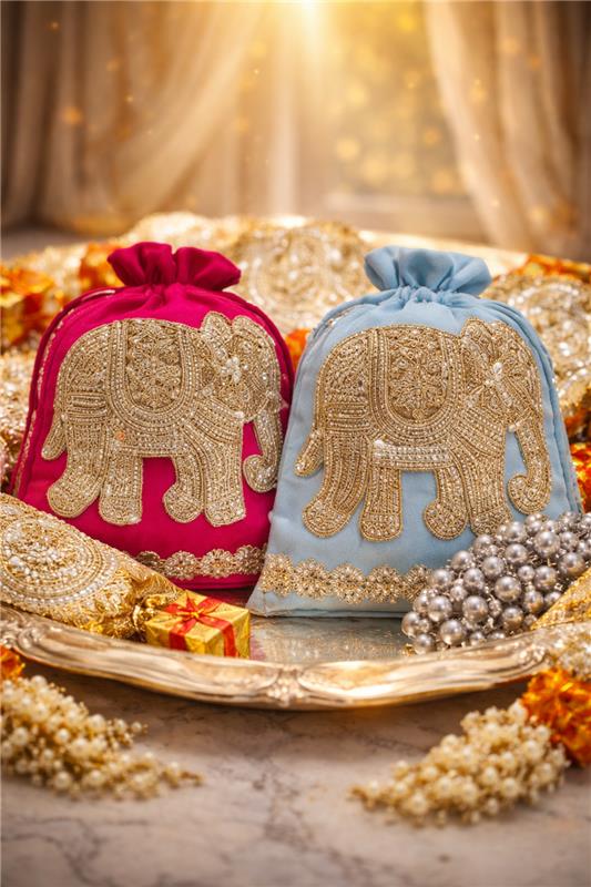 Two decorative bags with elephant designs on a tray with pearls and flowers.