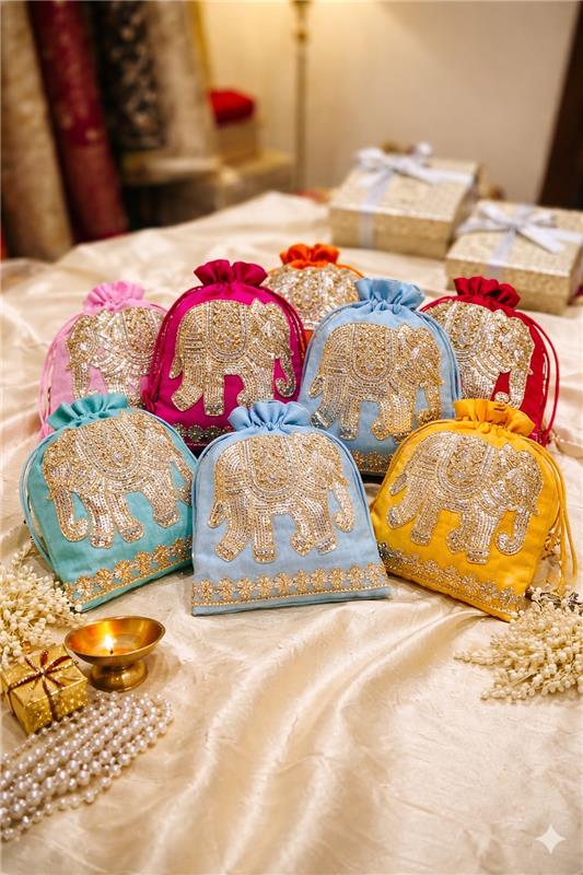 Decorative bags with elephant designs on a bed with gift boxes in the background
