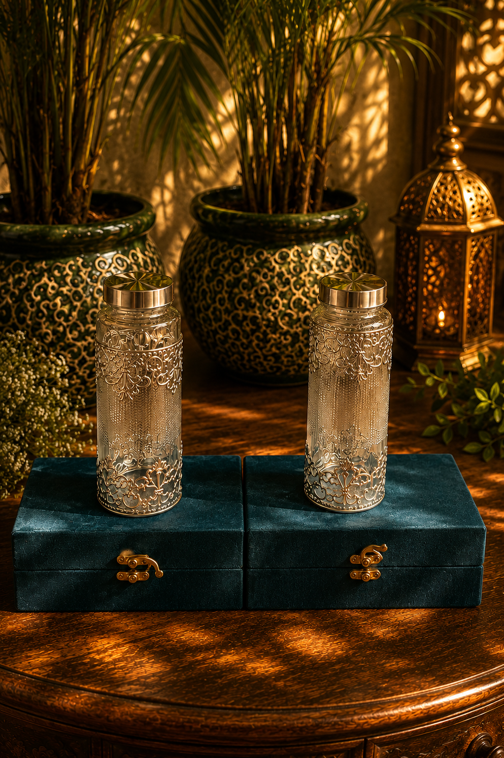 Two glass jars with silver lids on a blue velvet stand with potted plants and lanterns in the background.