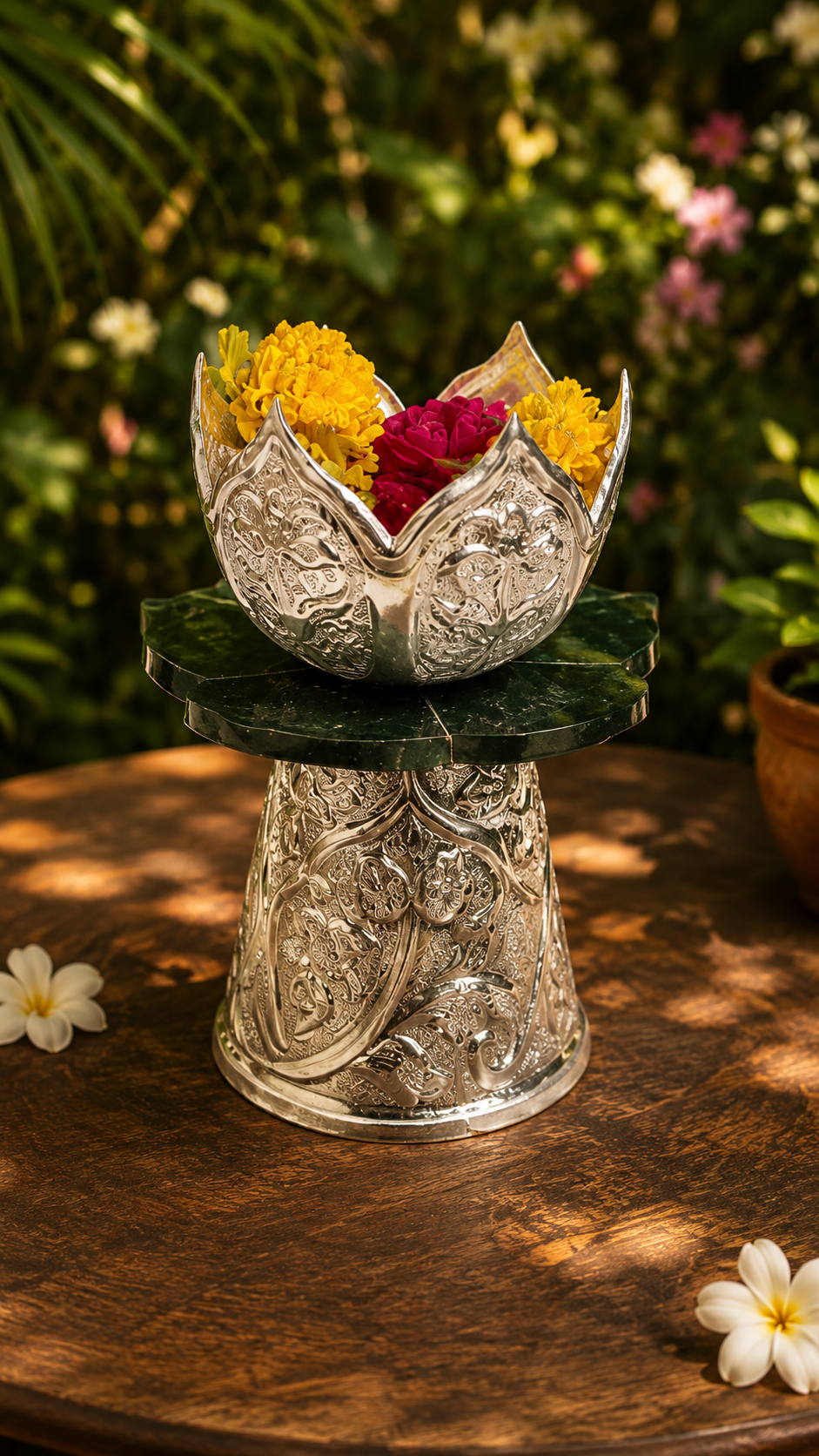 Decorative silver lotus-shaped container with flowers on a wooden surface with greenery in the background