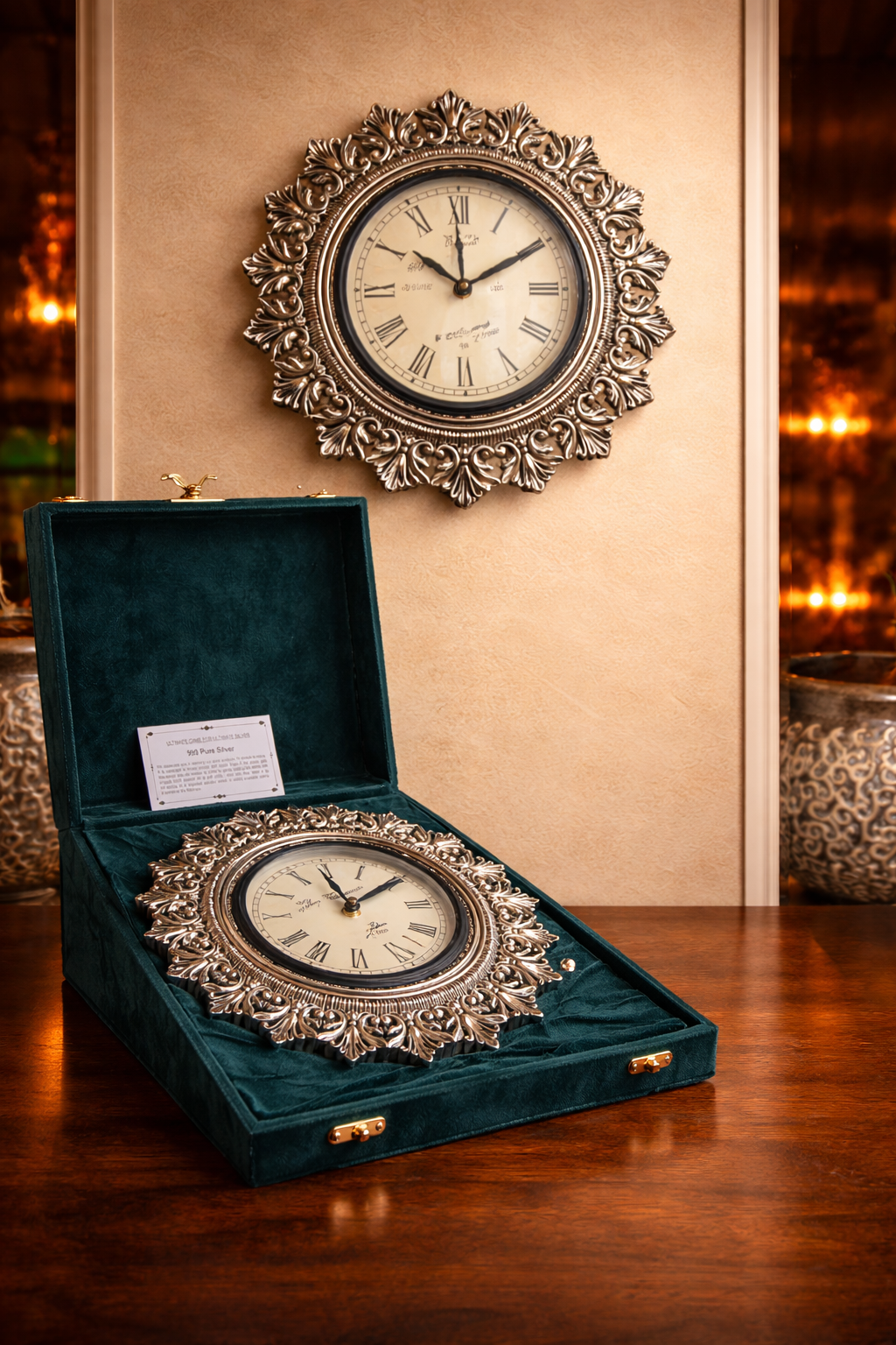 Premium 999 Silver Wall Clock with Luxury Velvet Box