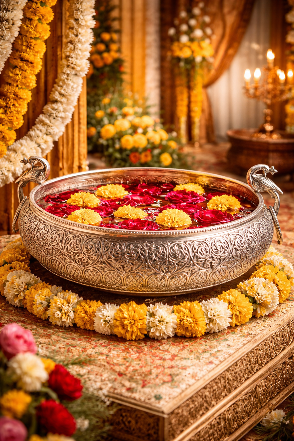 Decorative bowl with flowers on a ornate table, surrounded by floral arrangements and candles.