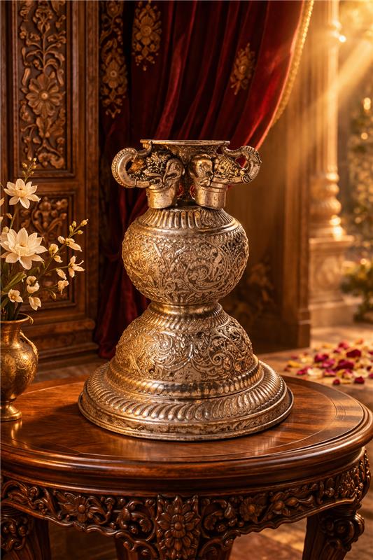 Decorative silver urn on a wooden table with a richly decorated background