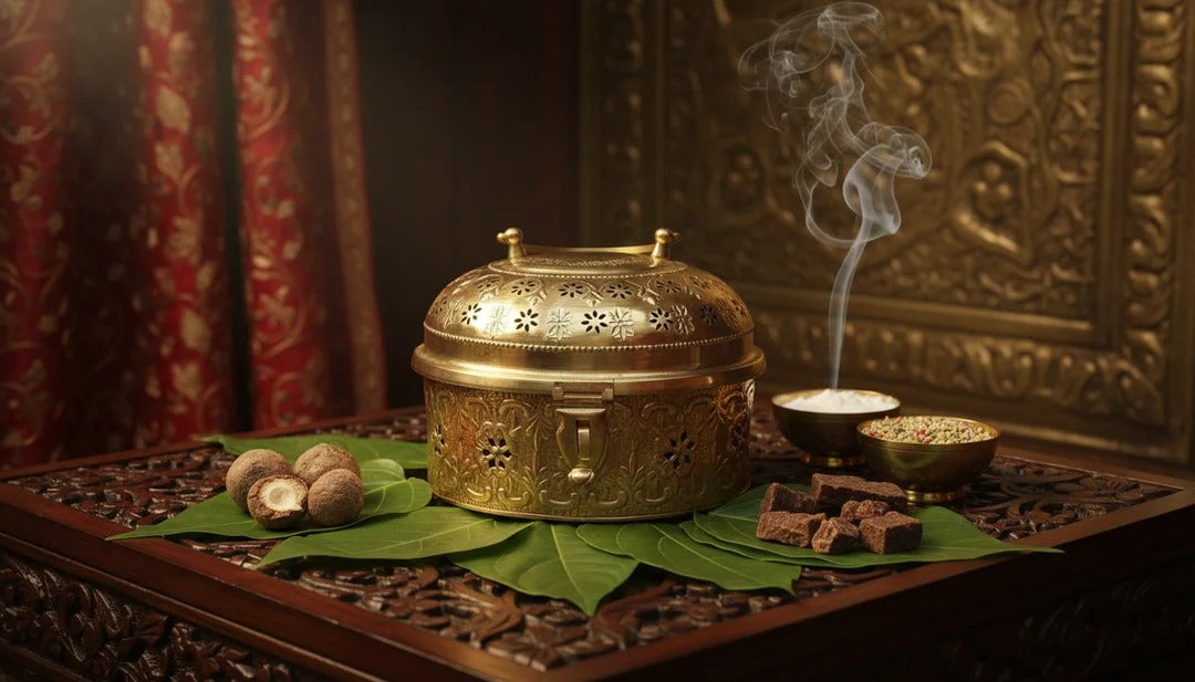 Decorative setting with a gold incense burner, candles, and leaves on a wooden surface.