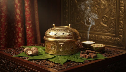 Decorative setting with a gold incense burner, candles, and leaves on a wooden surface.