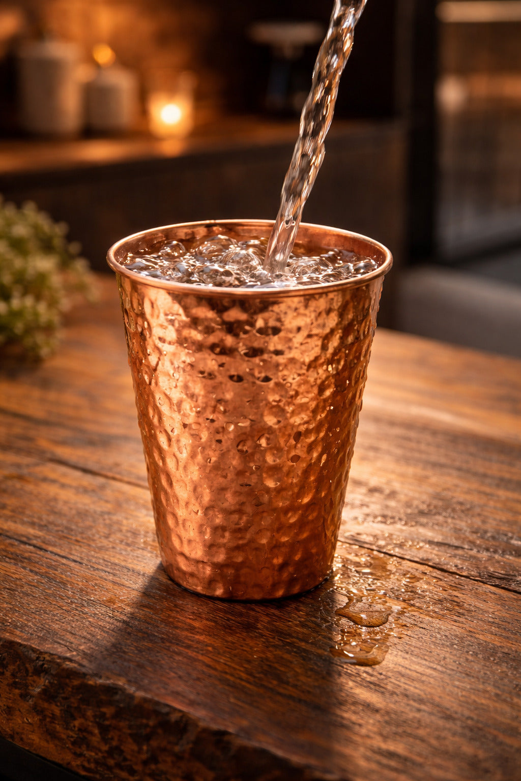 Copper cup being filled with water on a wooden surface
