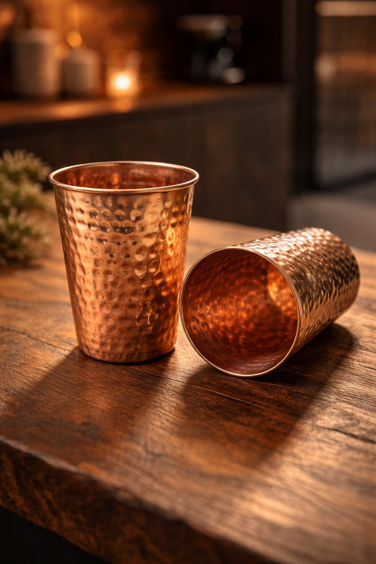 Two copper tumblers on a wooden surface with a blurred background