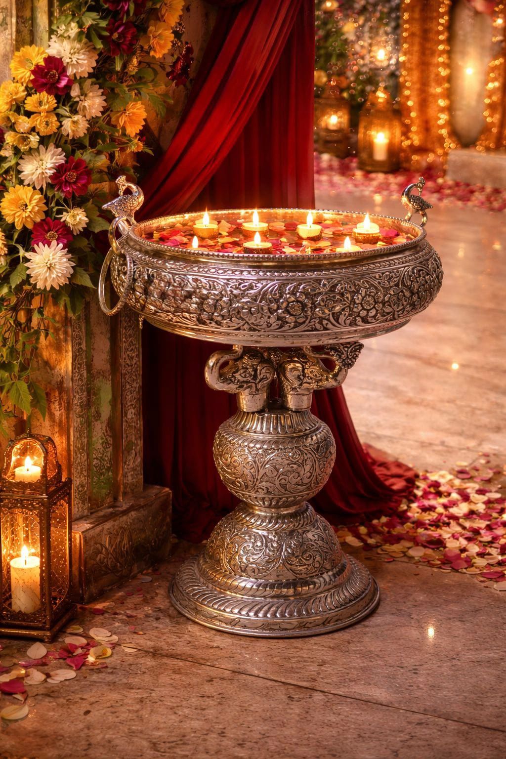 Decorative metal bowl with floating candles on a wooden floor with flowers and red fabric in the background
