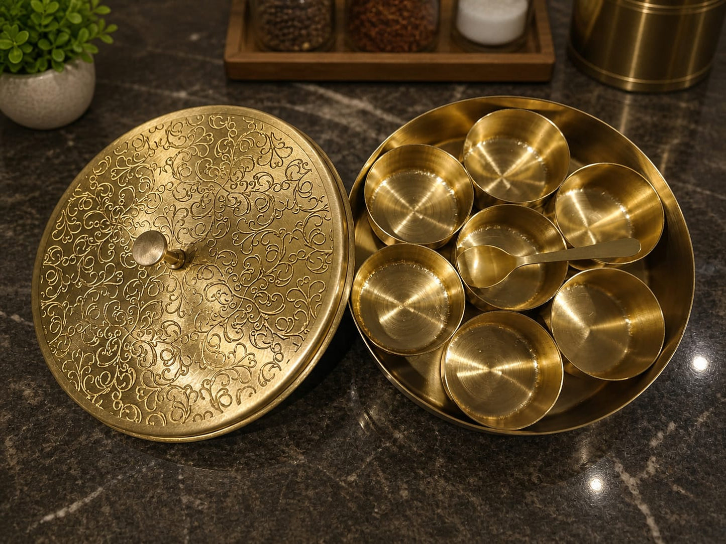 Pure Brass Masala Box with 7 Containers & Spoon