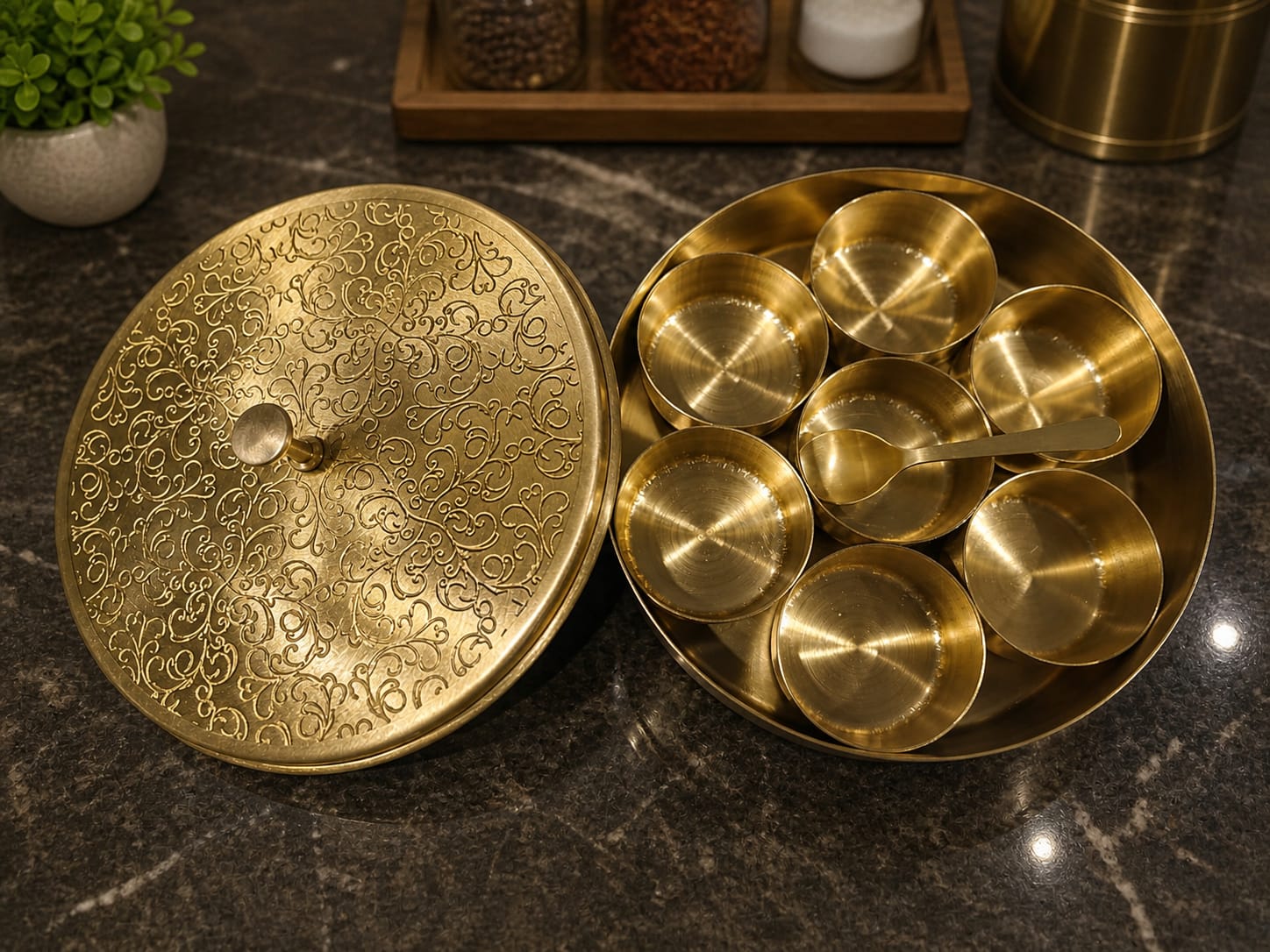 Pure Brass Masala Box with 7 Containers & Spoon