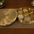 Pure Brass Masala Box with 7 Containers and Spoon – Traditional Indian Spice Storage Box for Kitchen Organization