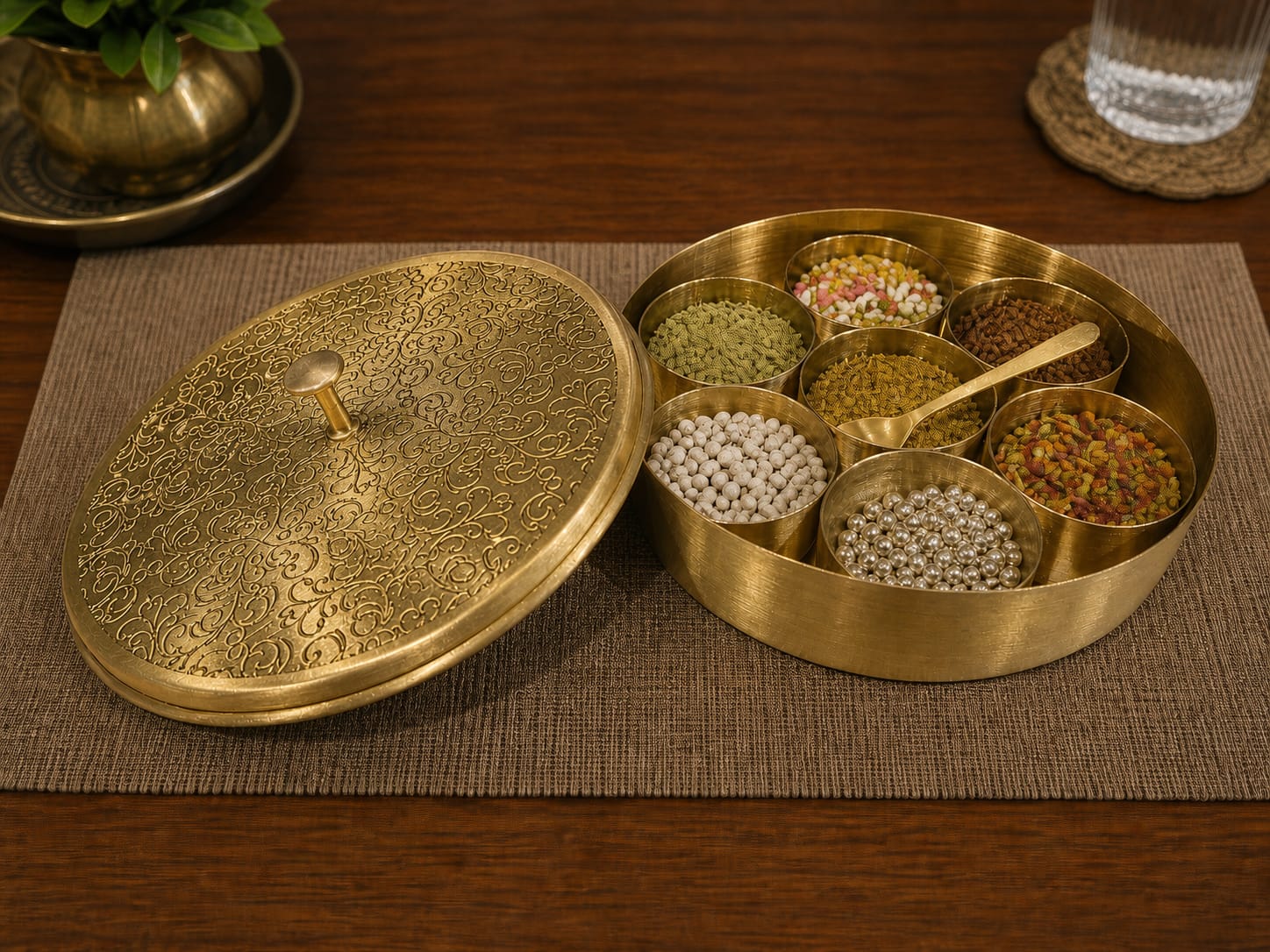 Pure Brass Masala Box with 7 Containers and Spoon – Traditional Indian Spice Storage Box for Kitchen Organization