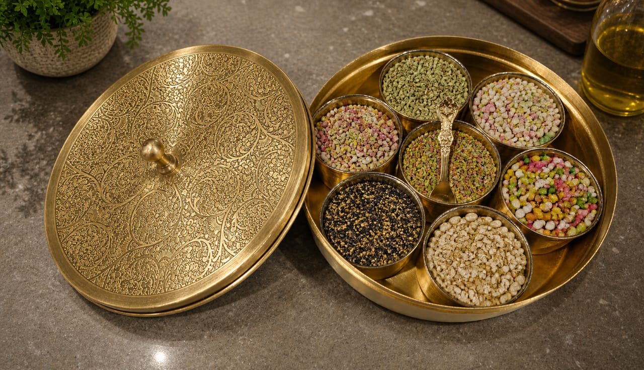 Decorative brass box with lid open, revealing assorted grains and seeds on a stone surface.