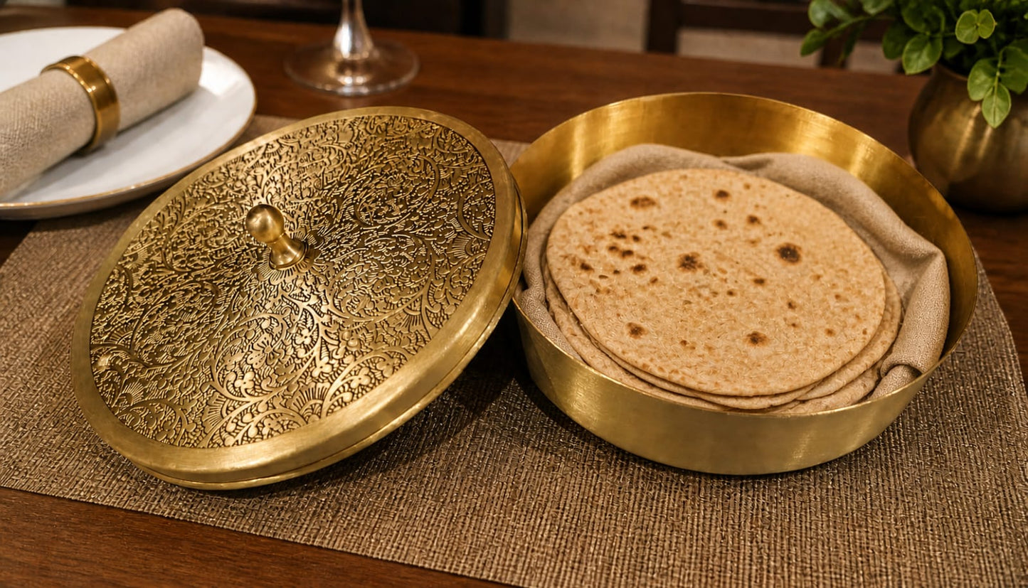 Decorative brass box with tortillas on a wooden table