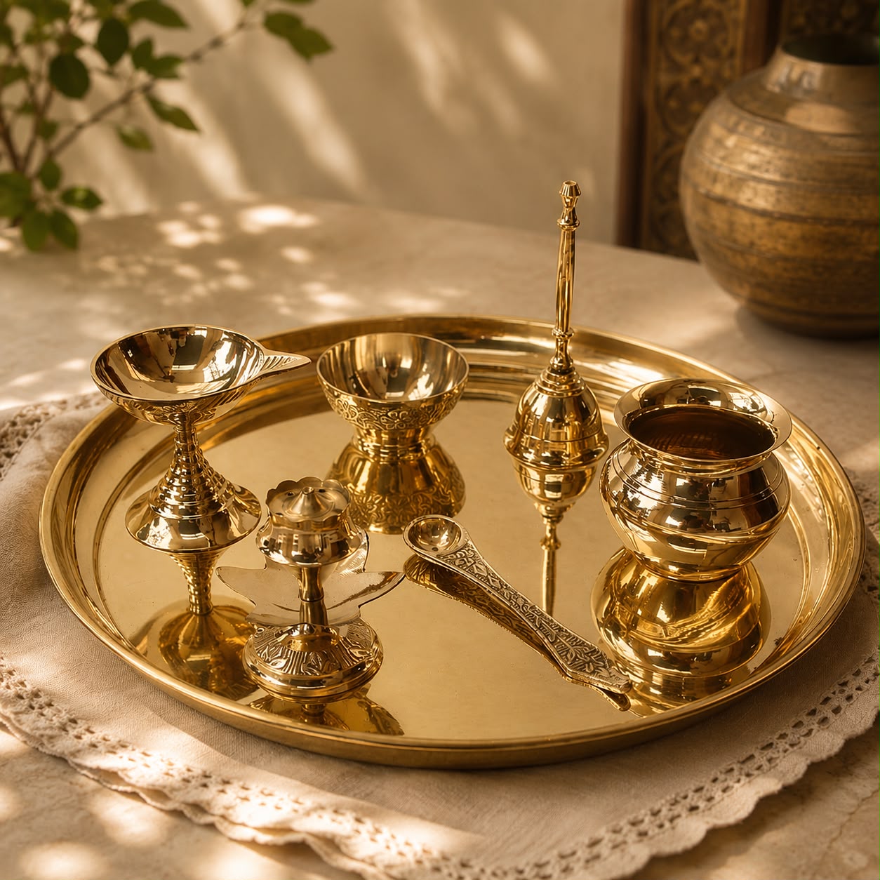 A polished brass or gold-toned metal serving set arranged on a round tray, including a small bowl, a tall spoon-like utensil, a small vessel with a lid, and a decorative spoon, photographed on a draped tablecloth with warm natural light and shadows.