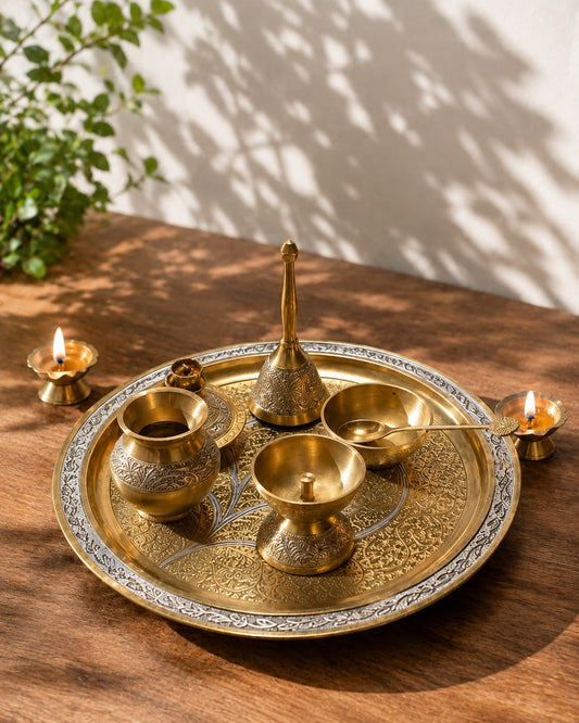 Brass Dual Shade Etched Puja Thali Set with Velvet Gift Box